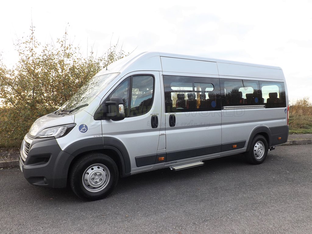 17 Seat Peugeot Boxer Wheelchair Accessible CanDrive EasyOn Minibus Leasing Exterior Front Right Angle